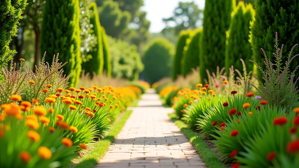 Área de jardines temáticos coloridos con plantas nativas y flores de temporada en el Paseo Lineal