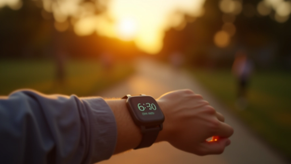 Reloj de pulsera mostrando las 6:30 AM con fondo de cielo amanecer y parque iluminado
