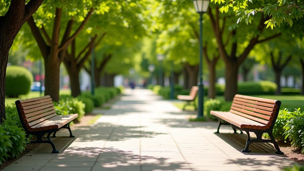 Área de descanso con bancos cómodos bajo árboles en el parque