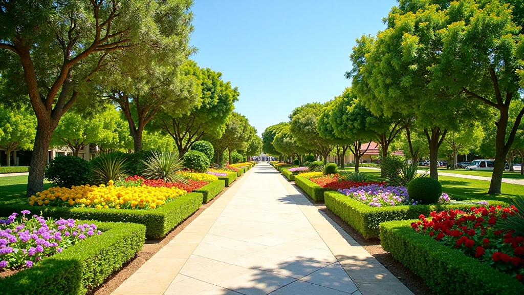 Área de jardín temático del Paseo Lineal mostrando plantas coloridas y paisajismo especializado