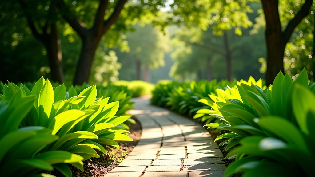 Sendero sinuoso en el jardín temático rodeado de árboles frondosos y plantas ornamentales bien cuidadas