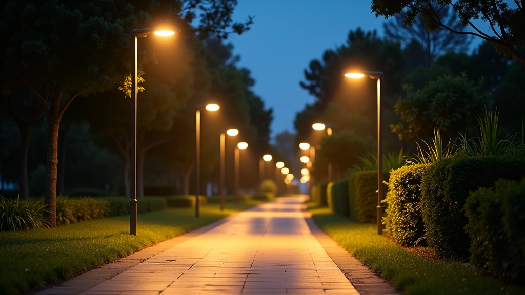 Farolas modernas iluminando el camino del parque durante la noche