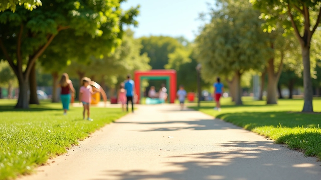 Zona de juegos infantiles en el parque con pasto verde y áreas seguras para familias