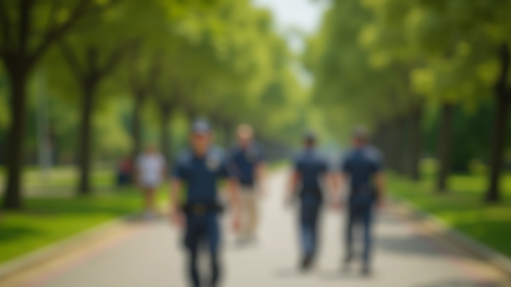 Personal de seguridad caminando por el parque, supervisando el área