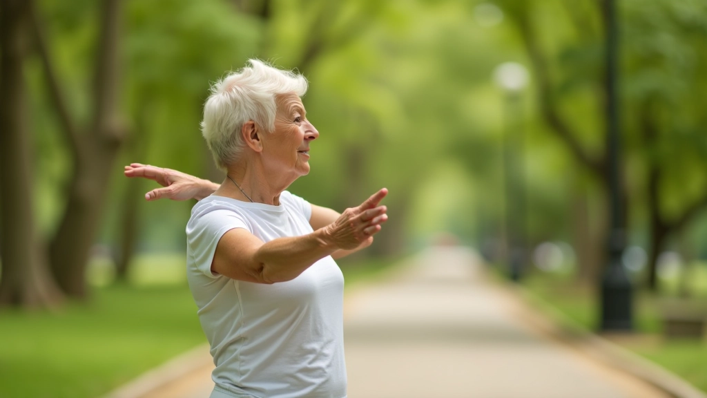 Persona adulta mayor estirándose antes de caminar en el parque