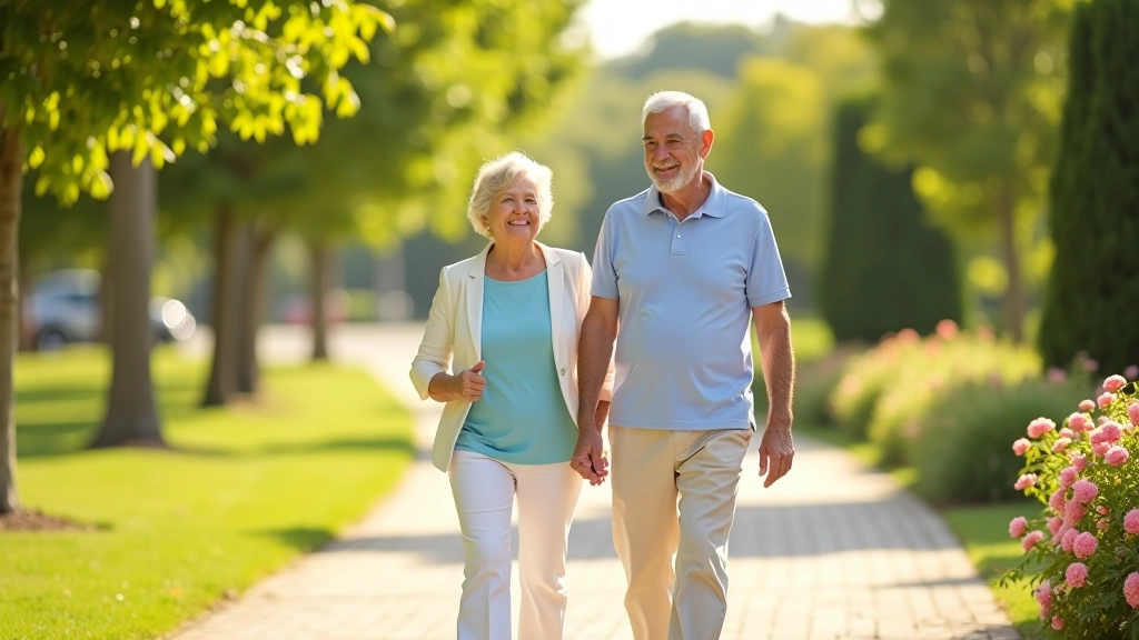 Pareja de adultos mayores caminando en un parque urbano bien mantenido con flores coloridas