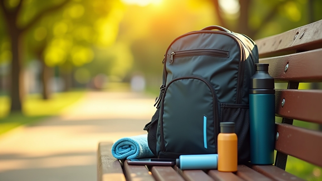 Mochila deportiva con botellas de agua, toalla, y protector solar sobre banco de parque con vistas del paseo al fondo