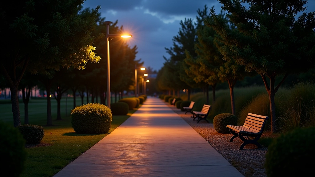 Paseo bien iluminado con bancos y áreas de descanso para caminantes