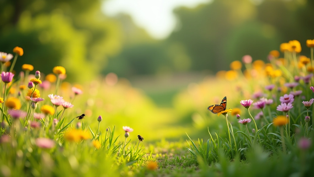 Área de flores silvestres con mariposas y abejas, mostrando biodiversidad natural del jardín